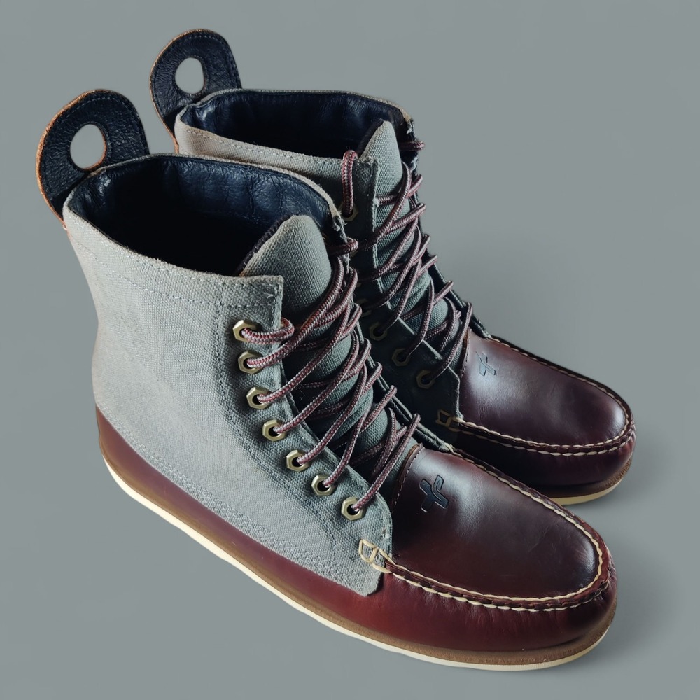 Psyberia Leather Canvas Boots Mens 9 Red Leather Gray Lace Up Vibram Sole New
